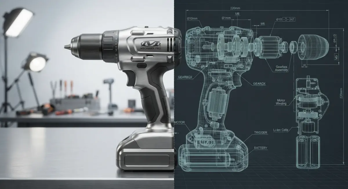 Comparison of a 3D product rendering of a drill next to its engineering CAD visualization