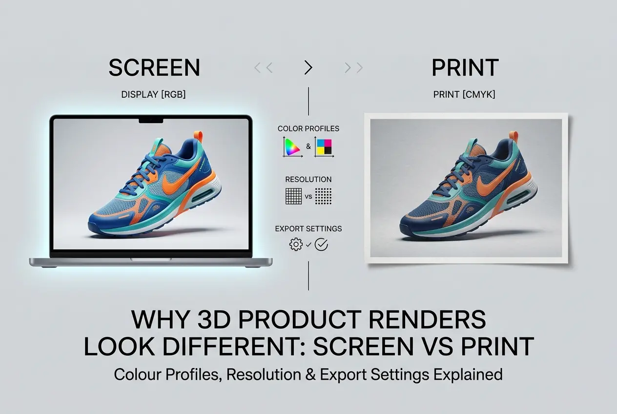 3D render comparison showing how screen and print differ in colour, resolution and export settings for a sneaker — Why 3D P